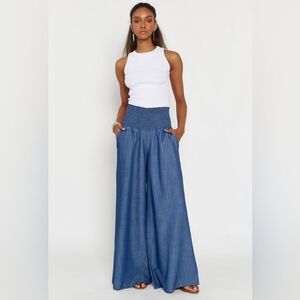 CCK Style Women's Elastic Waist Palazzo Pants XL W/Front Pocket Indigo Chambray